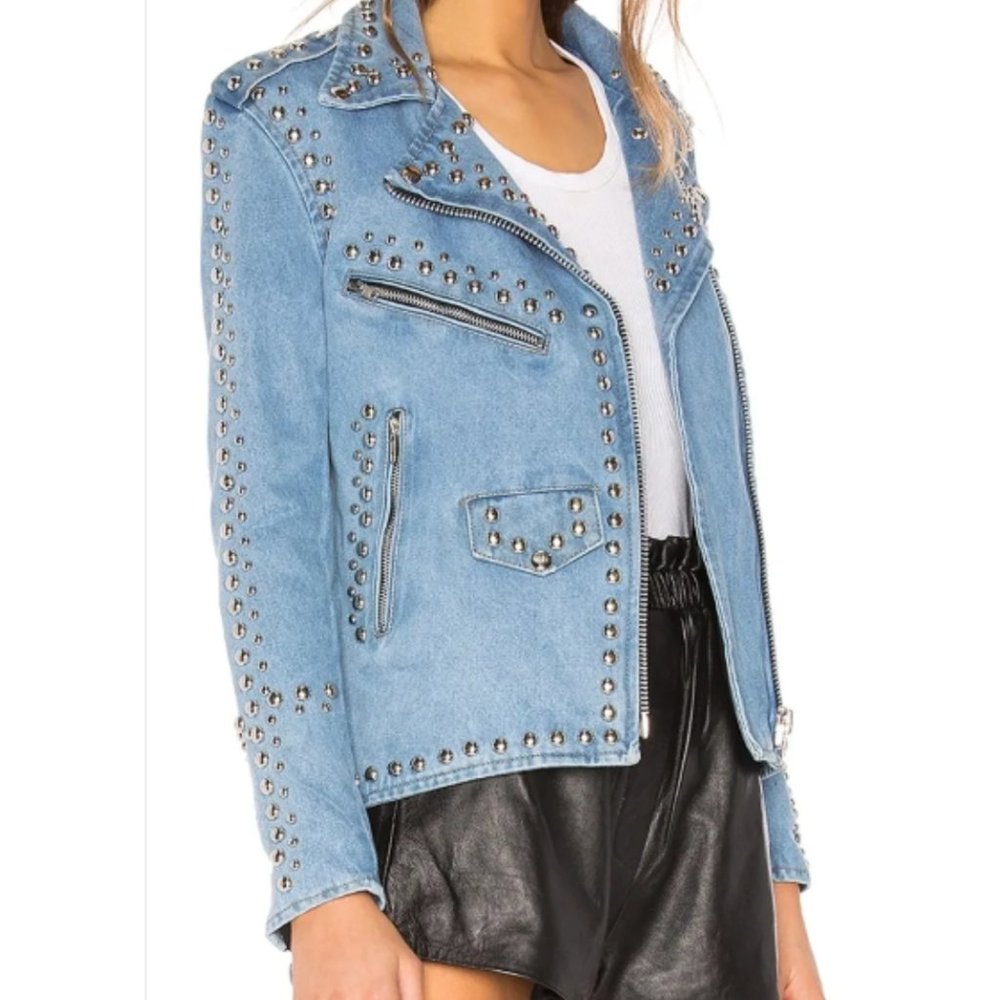 NWT Blue Light Wash Studded Open Moto Lady Jacket - Picture 2 of 3